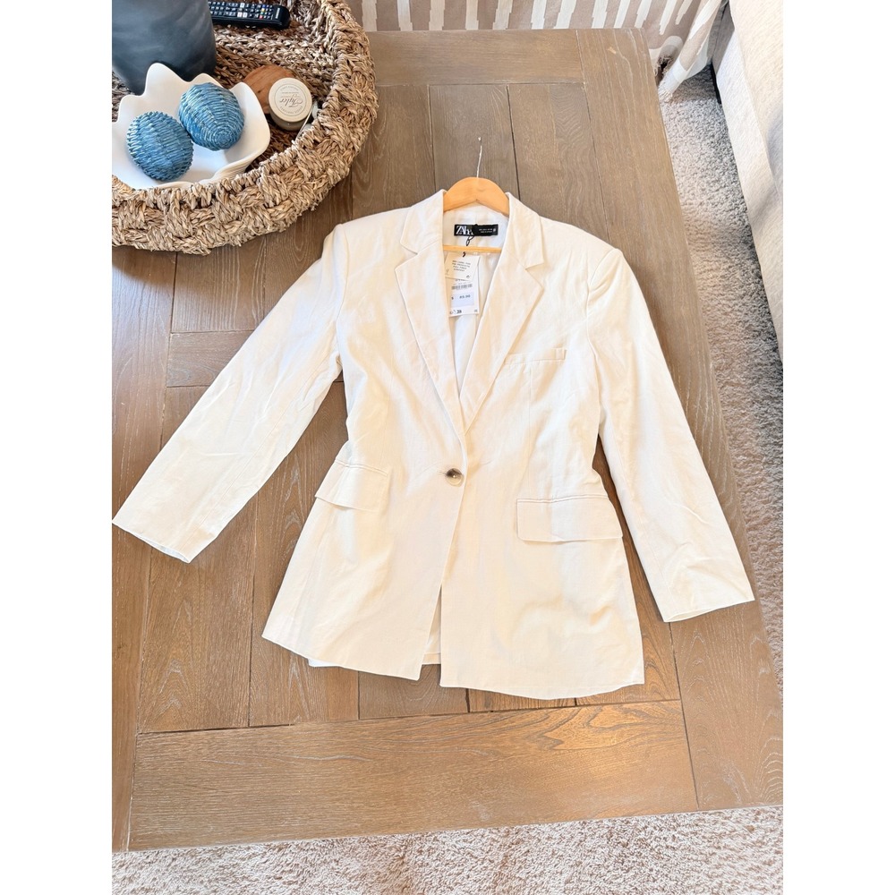Zara Linen Blend Blazer Women Cream Large 9929/225/712 New With Tags